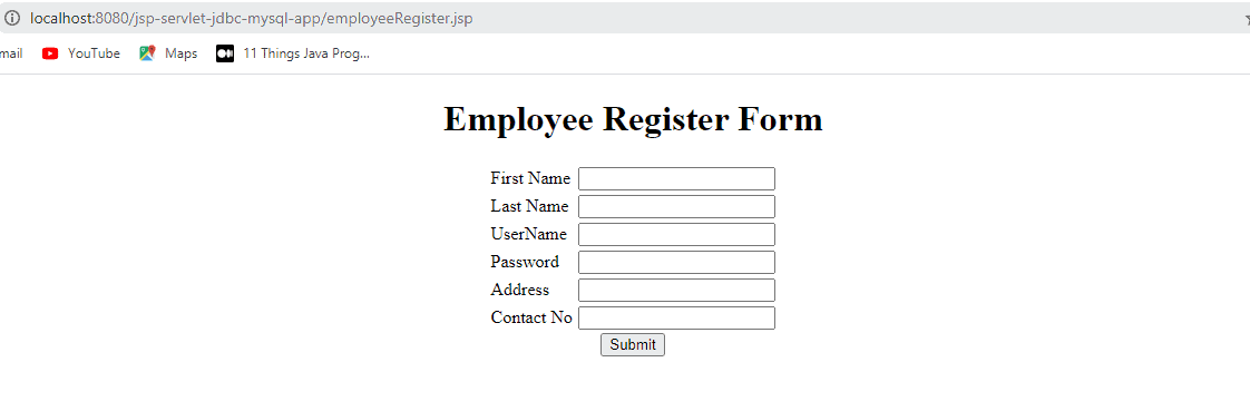 Employee Registration Form using Servlet + JSP + JDBC and MySQL